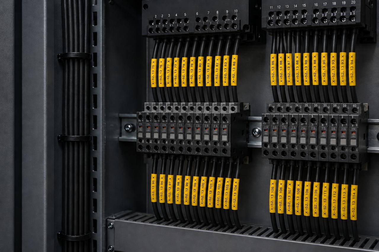 Numbered heatshrink cable labels applied to wiring on a control panel
