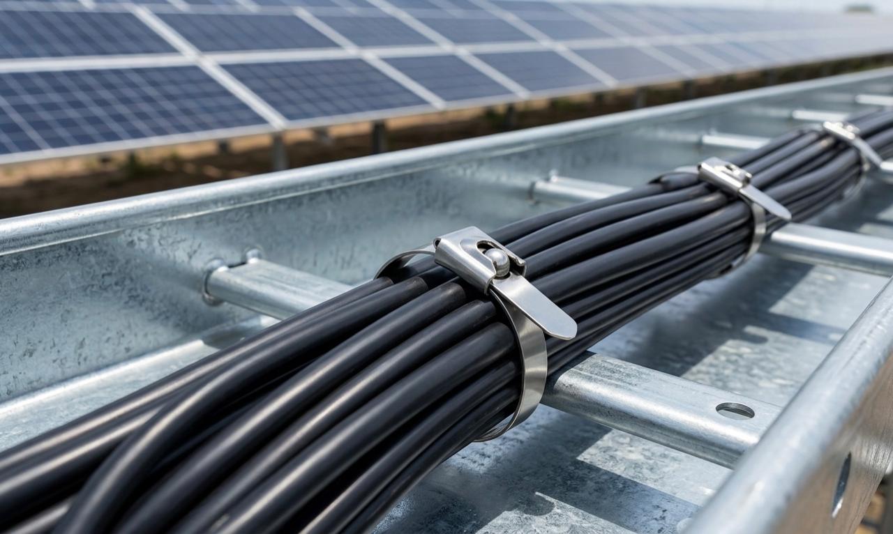 Cables secured with stainless steel ties on a solar panel mounting rail